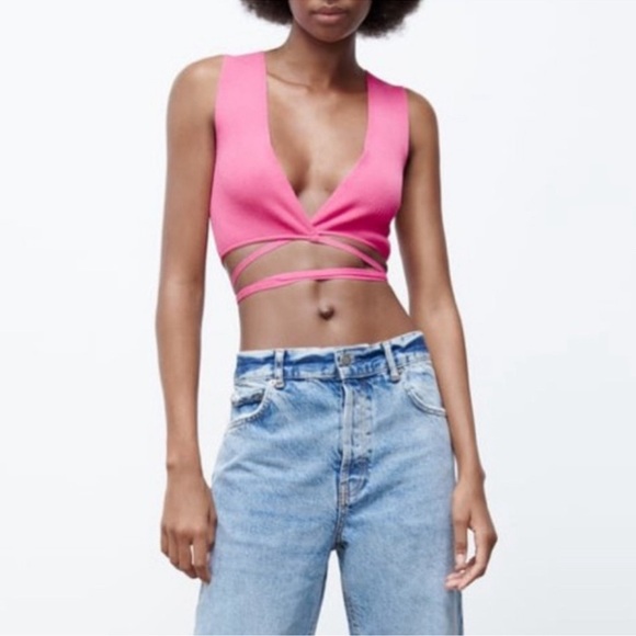 Zara Womens Pink Crop Tie String Top Pink Small NWT - Picture 6 of 12